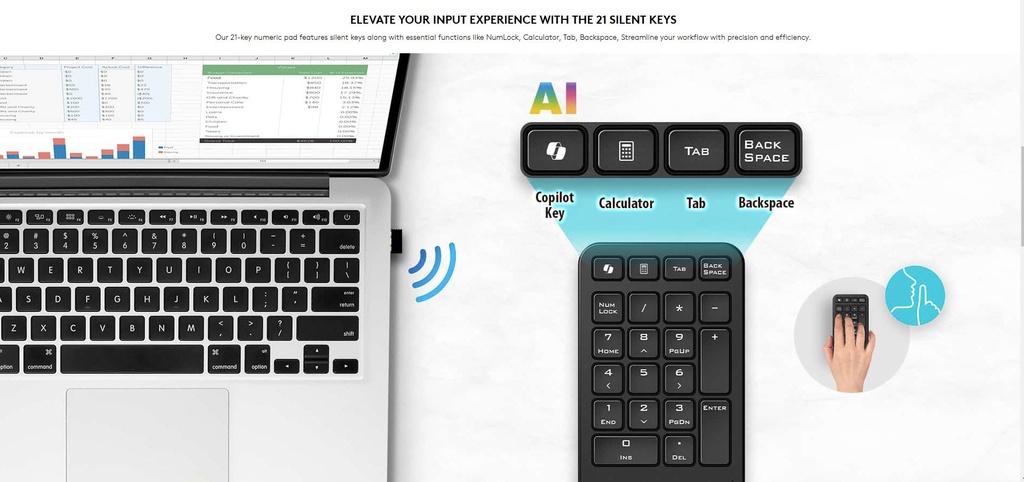 Genius Keyboard Numeric Pad Wireless AI w/Palm Rest NumPad 1000