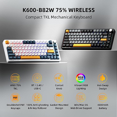Machenike K600-B82W Gasket Wireless / BT Gaming Mechanical Keyboard Brown Switches