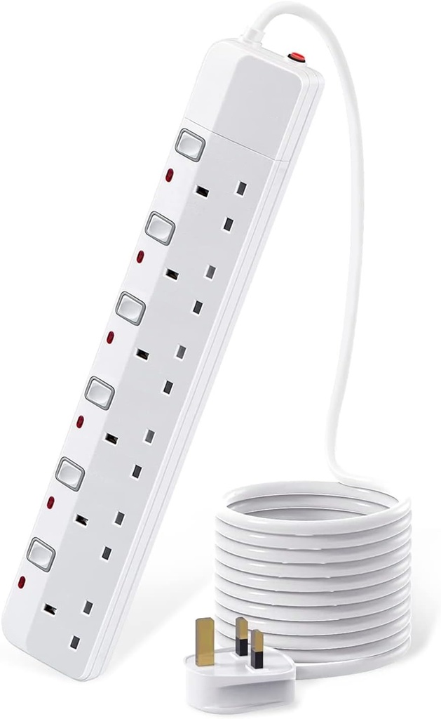 Power Extension UK Plugs - Switch and LED - 6 Way 5m