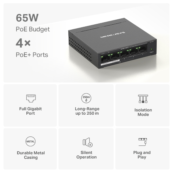 5-Port Gigabit Switch with 4-Port PoE+ · MS105GP