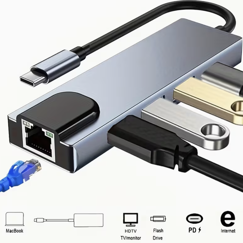 5-in-1 USB-C Hub – HDMI, RJ45, USB3.0, PD Adapter