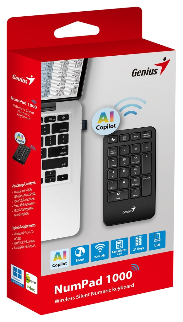 Genius Keyboard Numeric Pad Wireless AI w/Palm Rest NumPad 1000